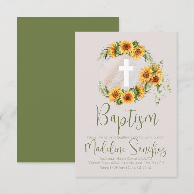 Invitaciones de bautizo de girasoles de primavera  (Anverso / Reverso)