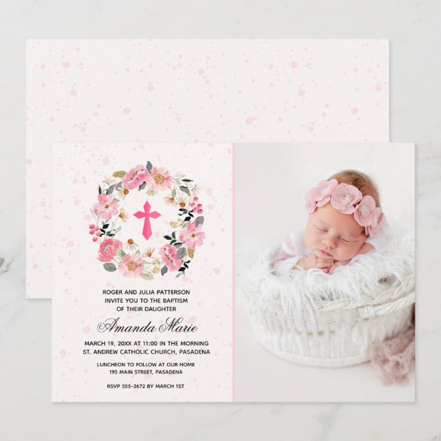 Invitaciones de Bautizo de Niña con Acuarela Flora (Anverso / Reverso)