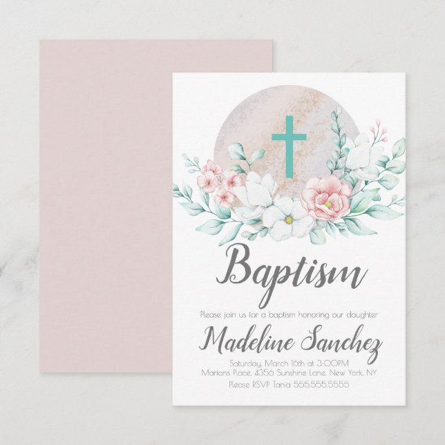 Invitaciones de Bautizo Floral de Primavera con Ac (Anverso / Reverso)