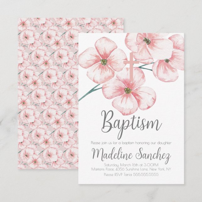 Invitaciones de Bautizo Floral Rosa Dedicación de  (Anverso / Reverso)