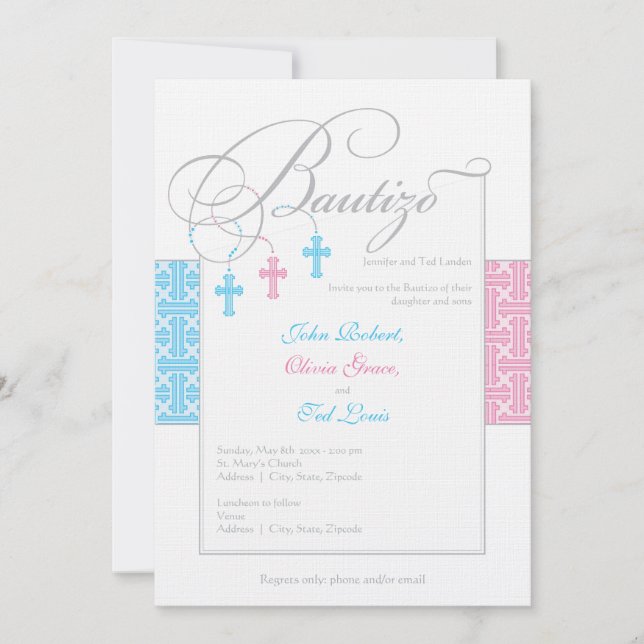 Invitaciones de bautizo| Los bebés triplete (Anverso)