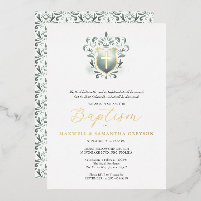 Invitaciones de Bautizo para Gemelos con Cresta Ve (Anverso/Reverso)