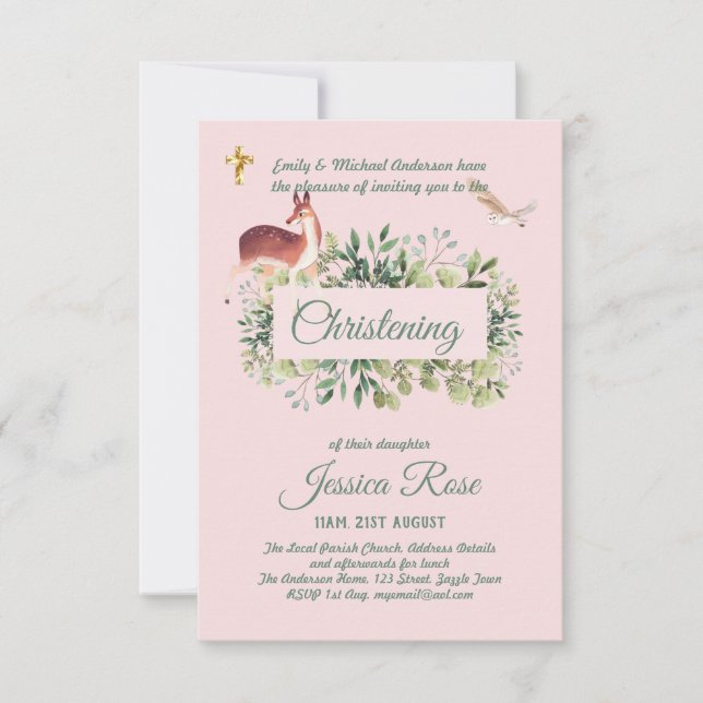 Invitaciones de Bautizo para Niñas con Ciervos del (Anverso)