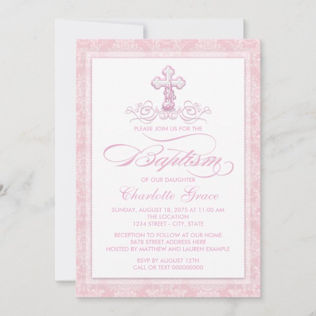 Invitaciones de Bautizo para Niñas con Cruz de Dam (Anverso)