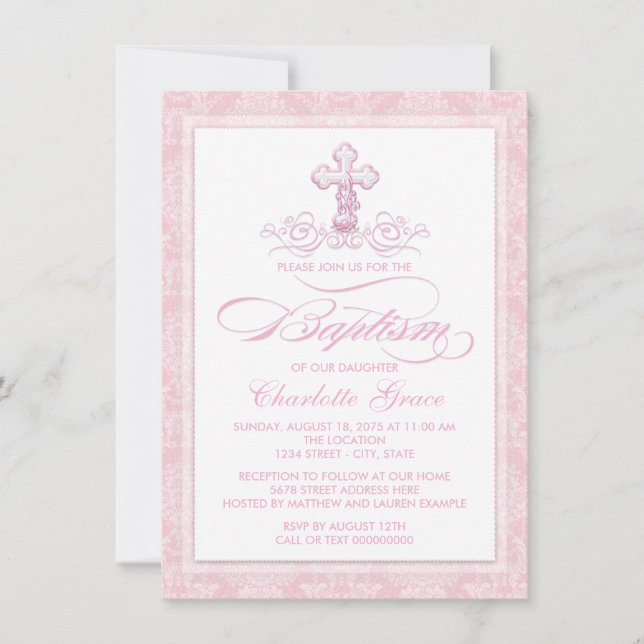 Invitaciones de Bautizo para Niñas con Cruz de Dam (Anverso)