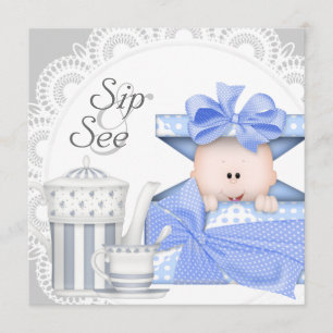Invitaciones de bebé niño azul gris para sorber y 