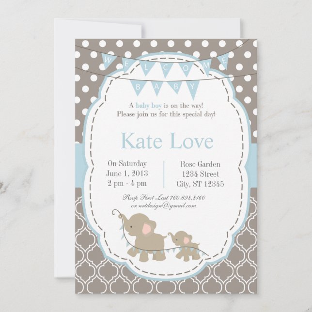 Invitaciones de bienvenida para bebé niño elefante (Anverso)