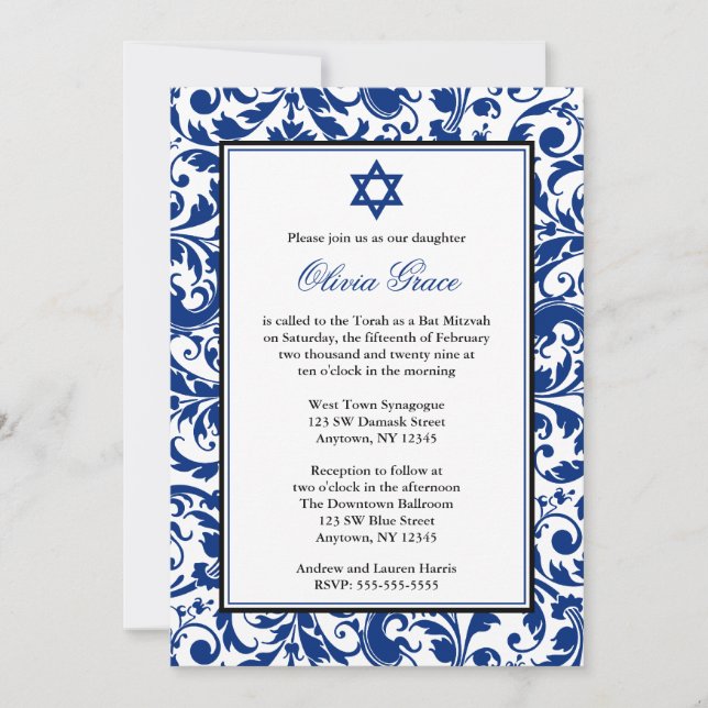 Invitaciones de Blue Swirl Damask Bat Mitzvah (Anverso)