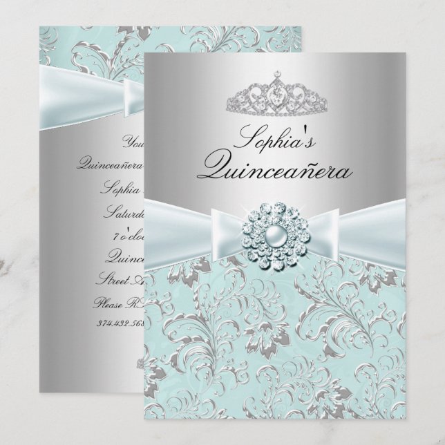 Invitaciones de Blue Swirl Tiara Quinceanera (Anverso / Reverso)