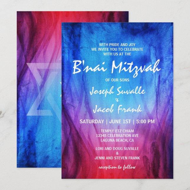 Invitaciones de B'nai Mitzvah | Rojo Azul | Fuego  (Anverso / Reverso)