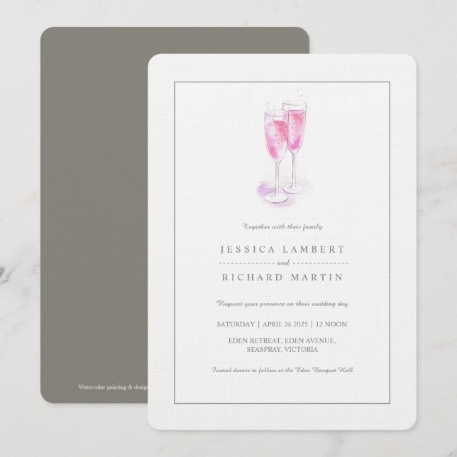 Invitaciones de boda a gafas de champán rosa (Anverso / Reverso)