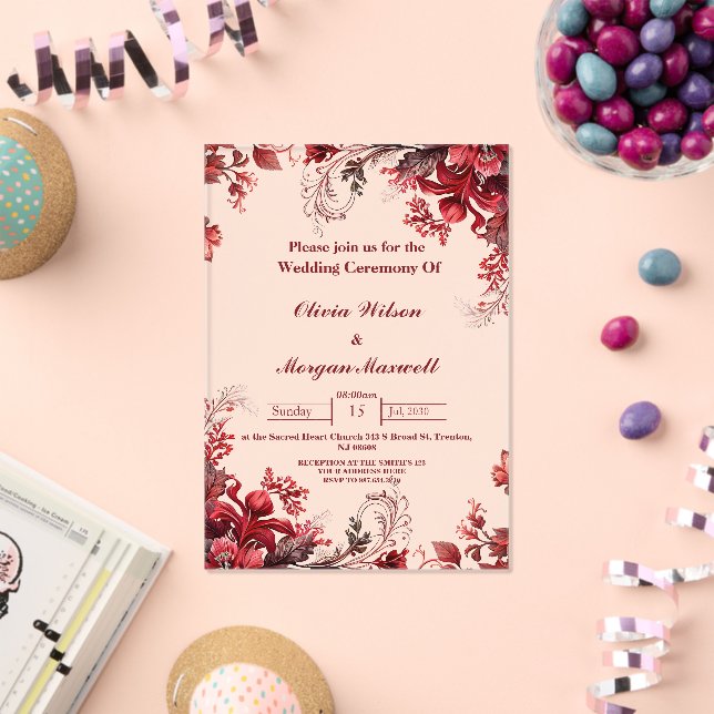Invitaciones de boda acrílicas florales rosa y roj (Insitu (Celebración))