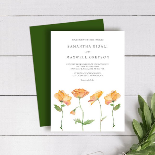 Invitaciones de Boda Acuarela Amapolas Naranjas (Zazzle wedding invitations orange floral watercolor art by Victoria Grigaliunas)