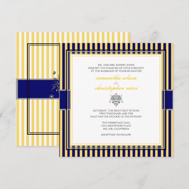 INVITACIONES DE BODA AMARILLO+NAVY BLUE STRIPS (Anverso / Reverso)