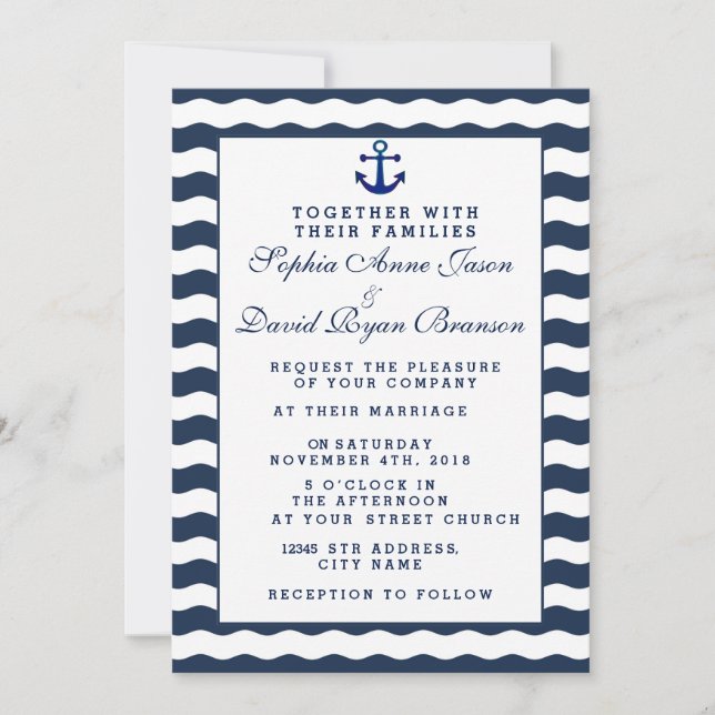 Invitaciones de boda | Anclaje de olas de la Marin (Anverso)