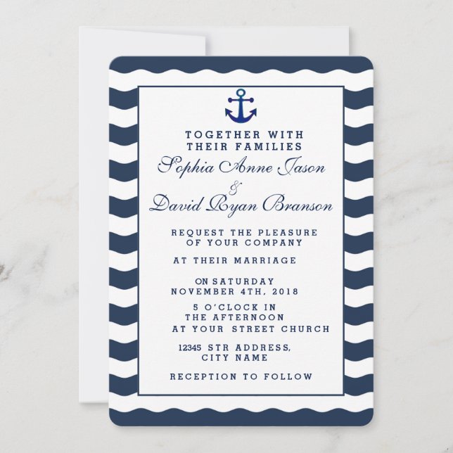 Invitaciones de boda | Anclaje de olas de la Marin (Anverso)