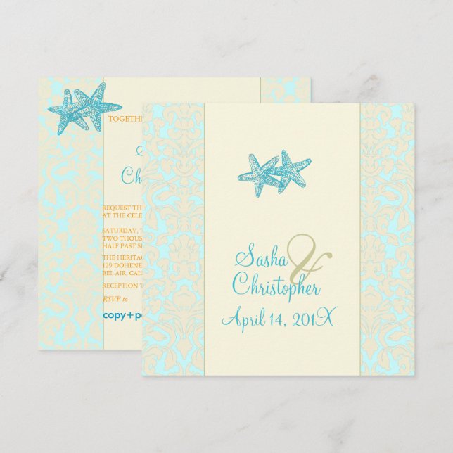 INVITACIONES DE BODA AQUA STARFISH+DAMASK (Anverso / Reverso)