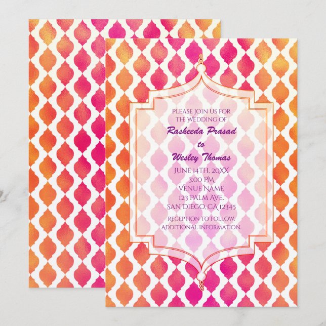 Invitaciones de boda árabes marroquíes rosa y nara (Anverso / Reverso)
