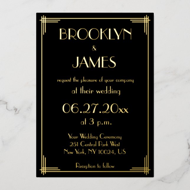 Invitaciones de boda Art Déco con lámina de oro re (Anverso)