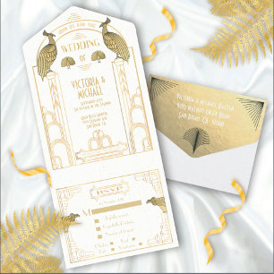 Invitaciones de Boda Art Deco Pavón Dorado y Blanc