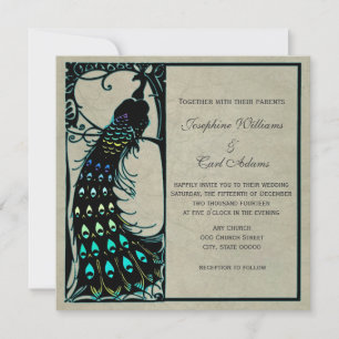 Invitaciones de boda Art Nouveau de pavo real vint