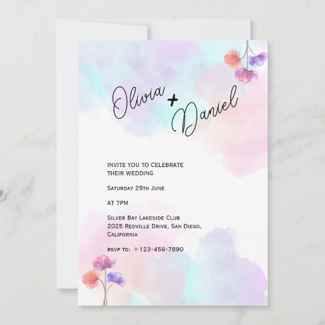 Invitaciones de Boda Artísticas Rosa y Azul (Anverso)