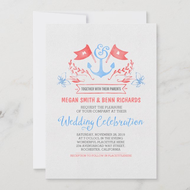 Invitaciones de boda azul de coral de ancla náutic (Anverso)