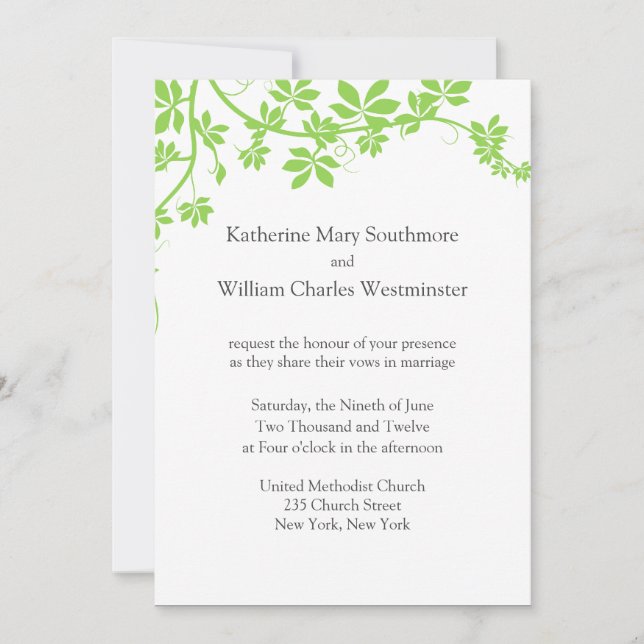 Invitaciones De Boda Blanca Y Verde Claro (Anverso)