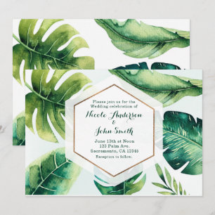 Invitaciones de boda blancas con hojas tropicales