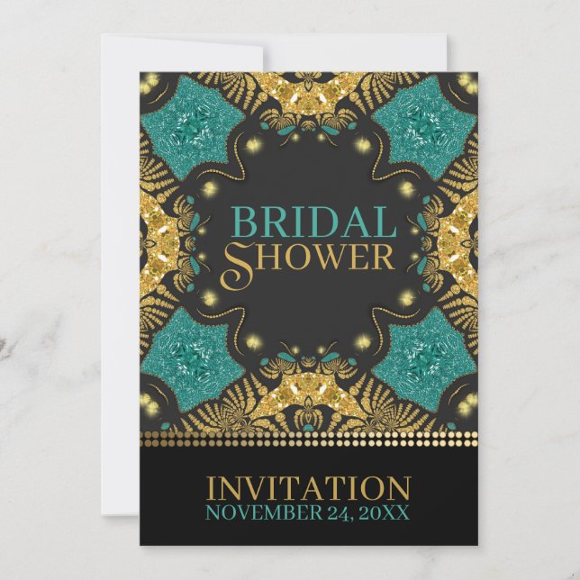 Invitaciones de boda bohemio Teal+Gold (Anverso)