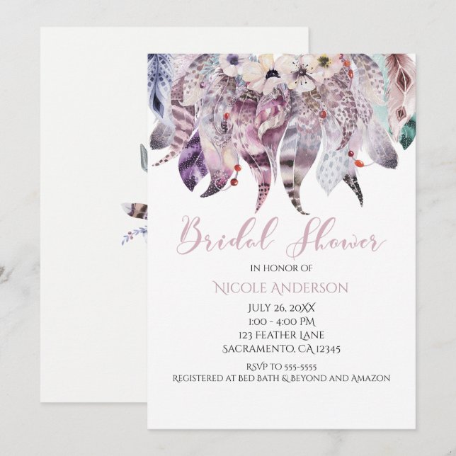 Invitaciones de boda boho bohemio con plumas (Anverso / Reverso)