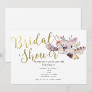 Invitaciones de boda boho con flores blancas y dor