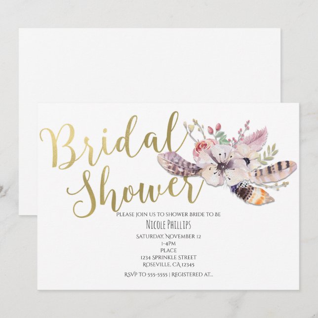 Invitaciones de boda boho con flores blancas y dor (Anverso / Reverso)