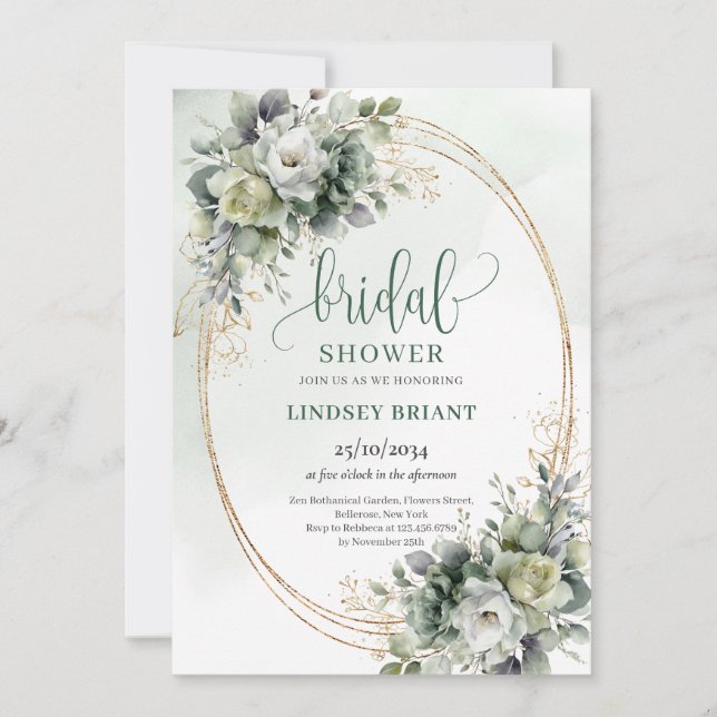 Invitaciones de boda boho elegancia verde oro (Anverso)