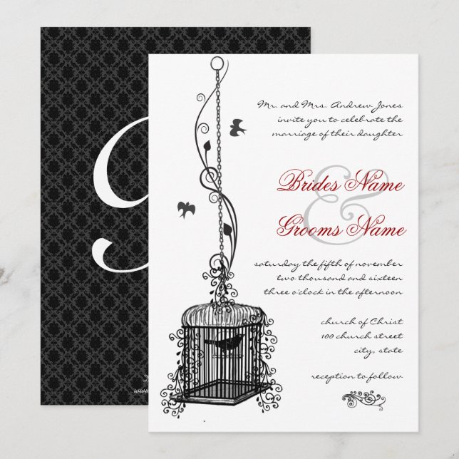 Invitaciones de boda boho rojas jaula de pájaro vi (Anverso / Reverso)