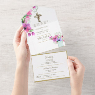 Invitaciones de boda católicas 3en1 Floral Oro RSV