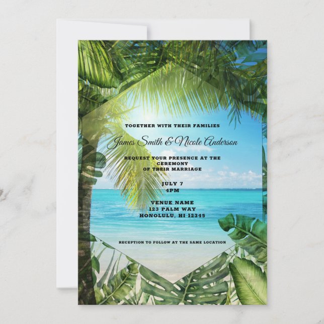 Invitaciones de Boda Chic Hojas de Palma Playa Tro (Anverso)