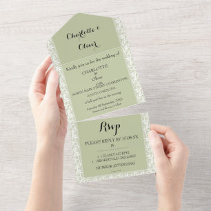 Invitaciones de boda clásicas de encaje verde salv