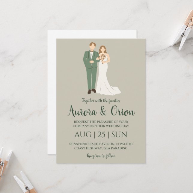 invitaciones de boda clásicas de sage green (Anverso/Reverso In Situ)