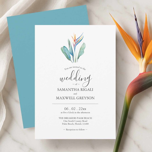 Invitaciones de Boda con Acuarela de Ave del Paraí (Wedding invitations cards watercolor tropical bird of paradise art by Victoria Grigaliunas)