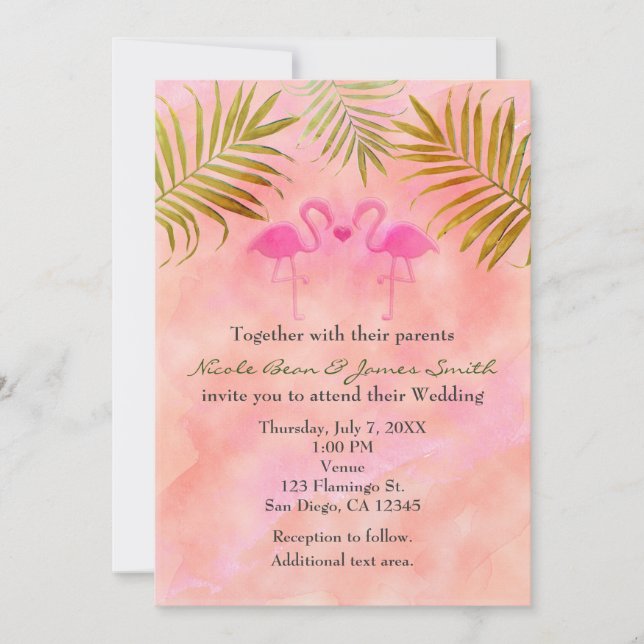 Invitaciones de boda con acuarela de dos flamencos (Anverso)