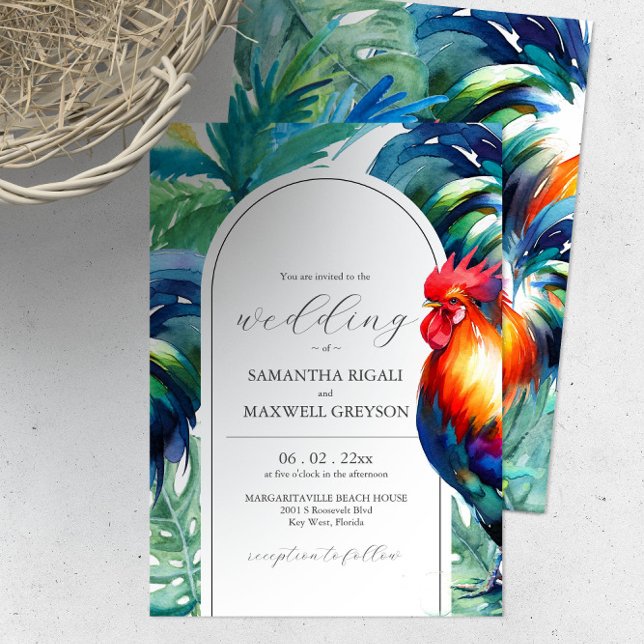 Invitaciones de Boda con Acuarela de Key West Flor (Bright color wedding invitations features unique rooster, palm tree and leaves watercolor art.)