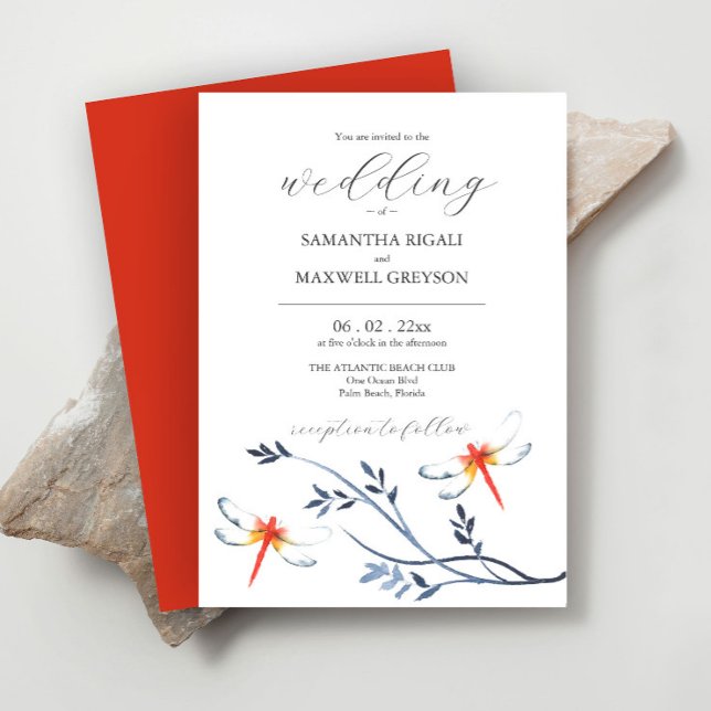 Invitaciones de boda con acuarela de libélulas roj (Red dragonfly wedding invitation features unique watercolor art by Victoria Grigaliunas)