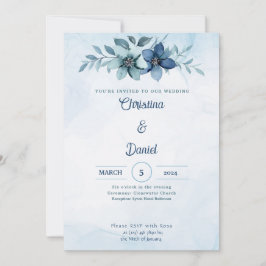 Invitaciones de boda con acuarela floral azul