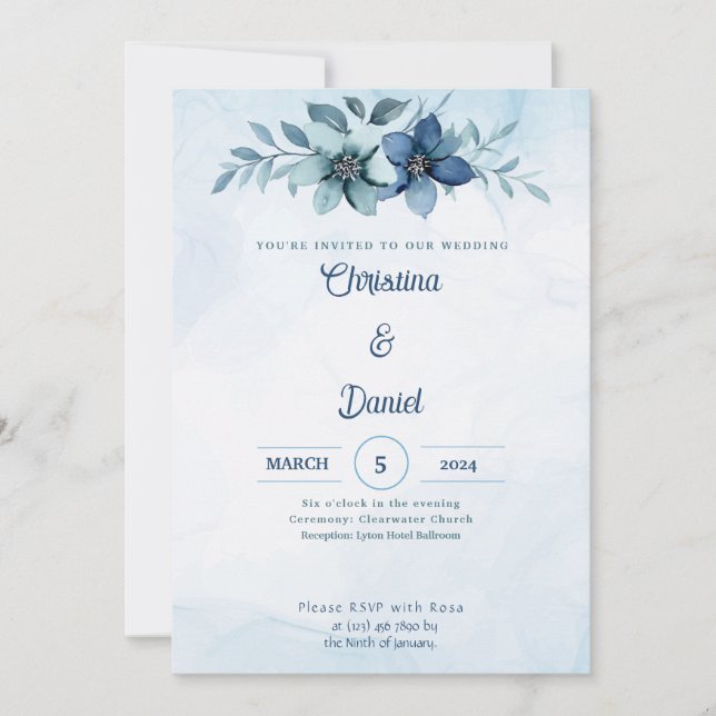 Invitaciones de boda con acuarela floral azul (Anverso)