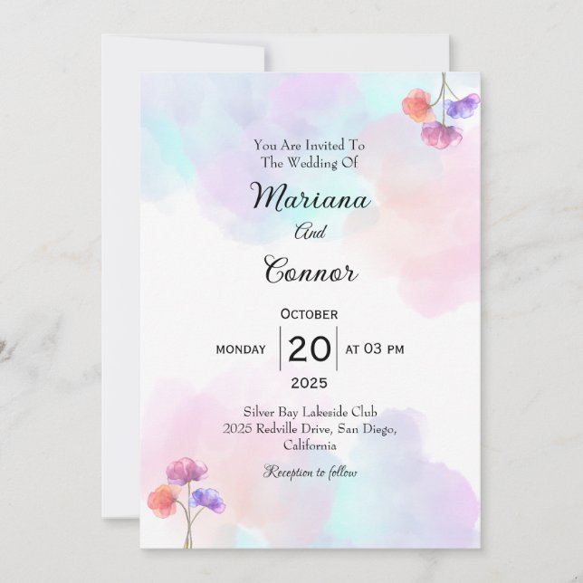 Invitaciones de boda con acuarela rosa y azul (Anverso)