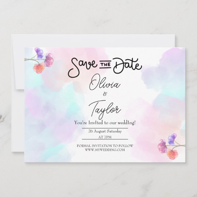 Invitaciones de boda con acuarela rosa y azul (Anverso)