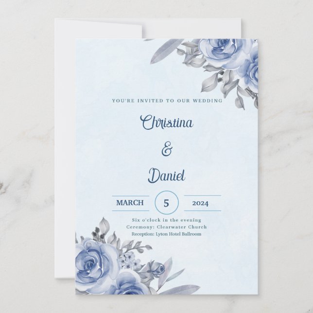 Invitaciones de Boda con Acuarelas de Rosas Azules (Anverso)