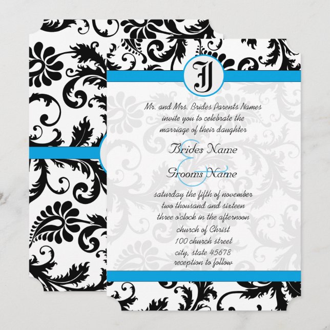 Invitaciones de boda con adornos de Aquamarina y D (Anverso / Reverso)