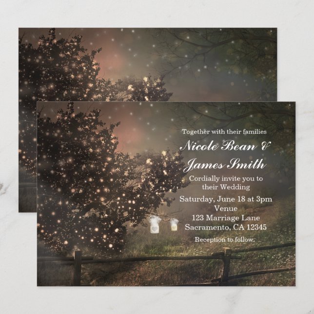 Invitaciones de boda con árbol iluminado rústico e (Anverso / Reverso)